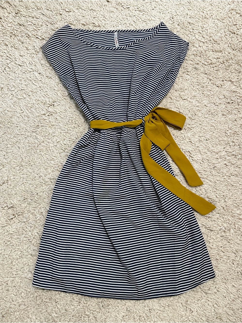 My Story Navy and White Striped Mini Dress with Mustard Belt
